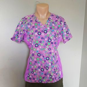 peaches scrub lavender with flowers 100% cotton stretchy panel